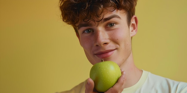 Hombre joven sonriente sosteniendo una manzana verde retrato de estilo casual estilo de vida saludable imagen conceptual de IA