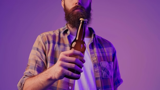 Hombre joven sosteniendo una botella de cerveza marrón posando contra un fondo brillante