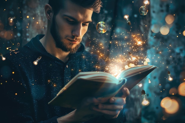 Foto hombre joven sosteniendo un libro abierto con bombillas brillantes de vidrio volando