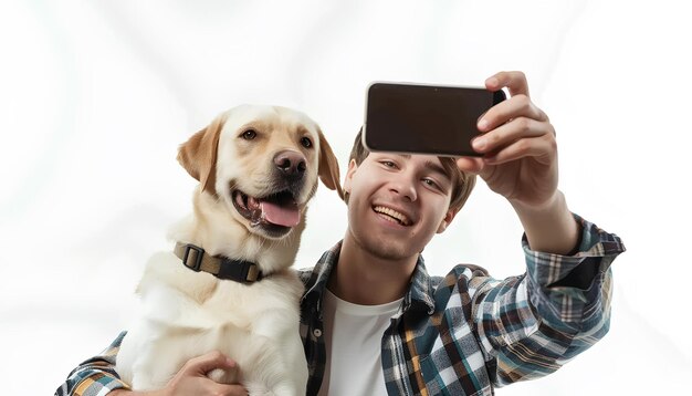 Hombre joven con teléfono móvil y perro Labrador tomando una selfie sobre un fondo blanco