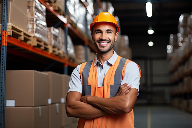 Foto hombre joven trabajador feliz gerente de fábrica trabajando en el almacén mientras sonríe