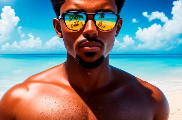 Hombre joven en trópicos Hombre guapo en el fondo del paisaje tropical IA generativa