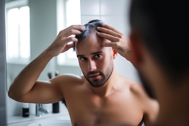 Hombre joven usando champú desodorante o champú contra la pérdida de cabello Foto horizontal.