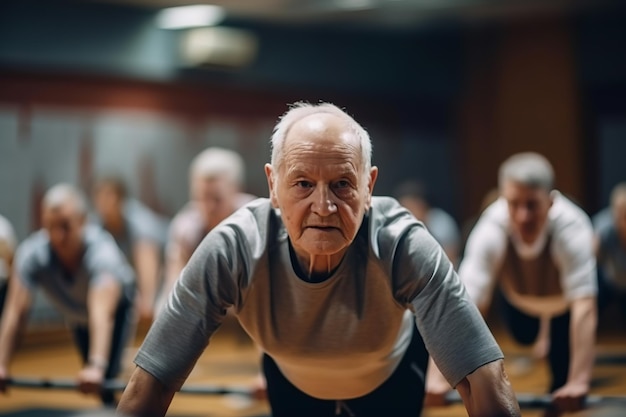 Hombre jubilado entrenando con otros hombres IA generativa