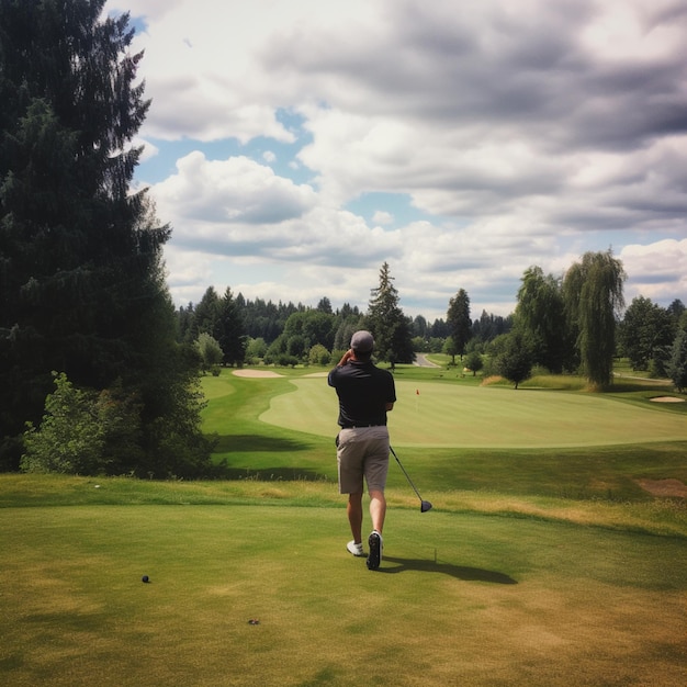 El hombre juega al golf foto desde atrás.