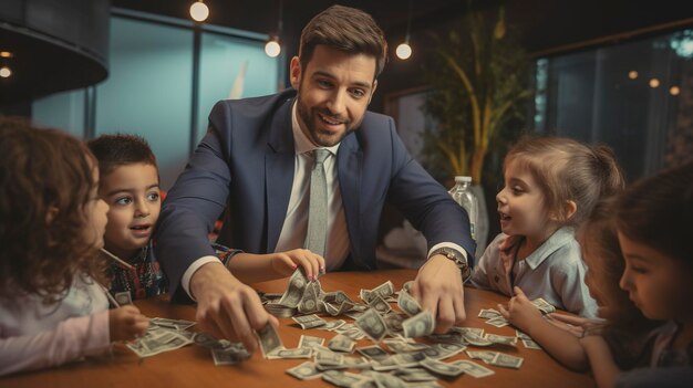 un hombre juega un juego de dinero con sus hijos