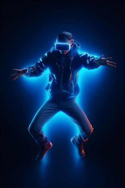 hombre jugador con gafas de realidad virtual sobre fondo de neón azul generativo ai