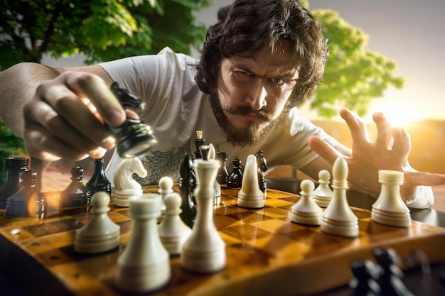 Un hombre jugando al ajedrez con una camisa blanca que dice "ajedrez"