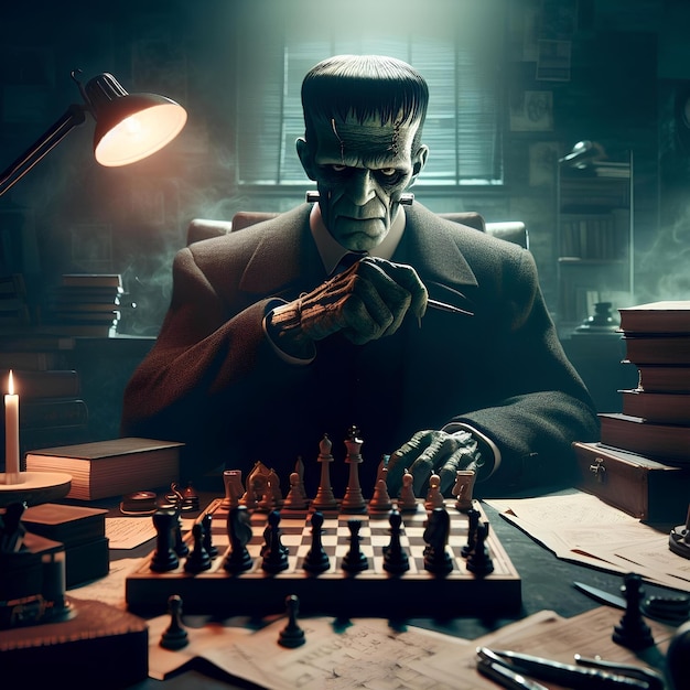 Un hombre jugando al ajedrez con una imagen en blanco y negro de un hombre jugando el ajedrez