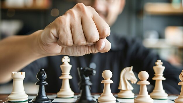 Foto un hombre está jugando al ajedrez está a punto de hacer un movimiento está muy concentrado en el juego las piezas de ajedrez están hechas de madera el tablero está hecho de mármol