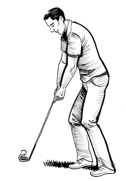Hombre jugando al golf. Dibujo a tinta en blanco y negro