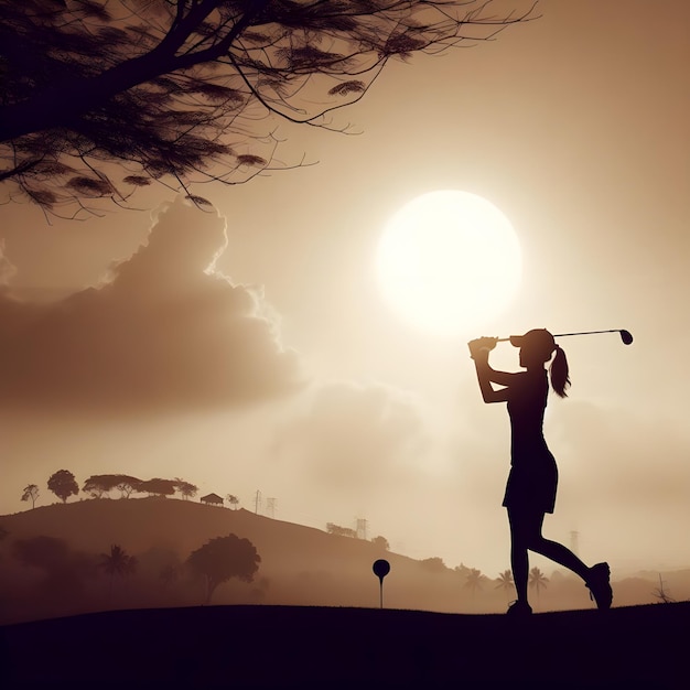 Foto un hombre está jugando al golf con un sol detrás de él