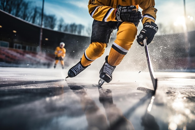 Foto un hombre jugando al hockey deportes al aire libre en la nieve tomando un golpe