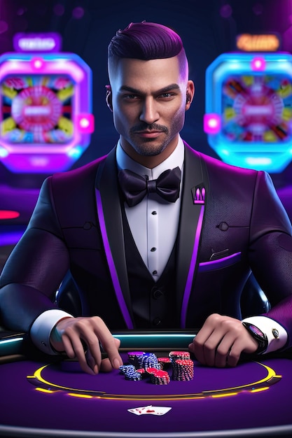 Foto un hombre jugando al póquer en un casino con una corbata púrpura.