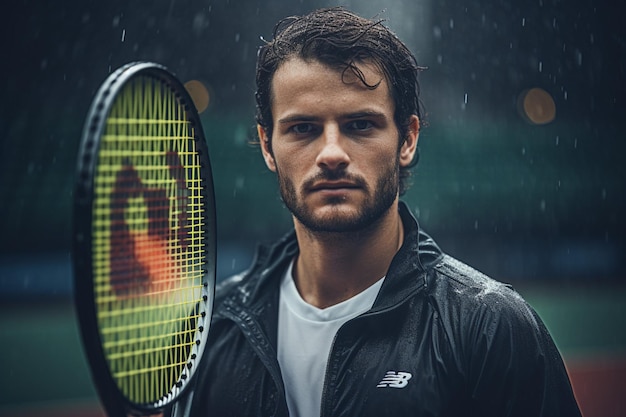 Foto un hombre está jugando al tenis bajo la lluvia.
