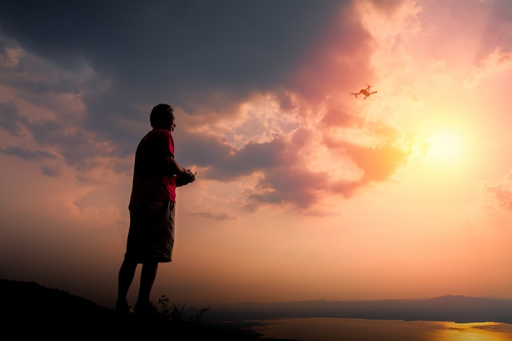 Hombre jugando con el drone, silueta contra el cielo del atardecer.