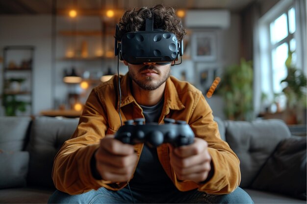 Hombre jugando juego de realidad virtual en casa