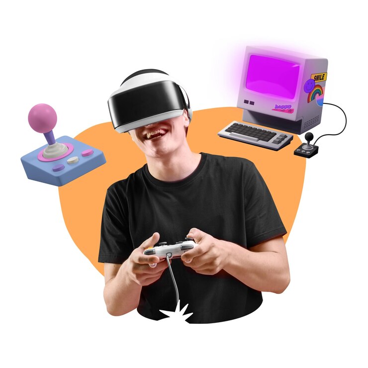 Foto hombre jugando a un juego de realidad virtual png remix creativo fondo transparente