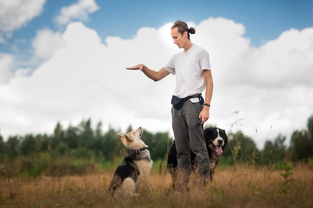 Hombre jugando con perros mientras está de pie en tierra herbácea contra el cielo nublado