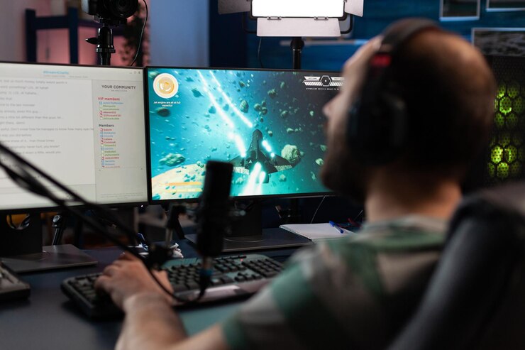 Foto hombre jugando videojuegos en línea con chat. jugador que usa micrófono y auriculares en la computadora, juego de transmisión en vivo. streamer transmitiendo con equipo de juego frente al monitor.