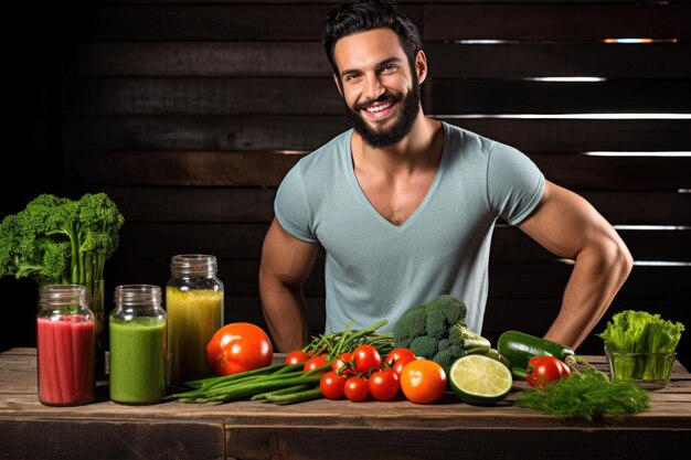 Foto hombre con jugo de desintoxicación casero entre verduras