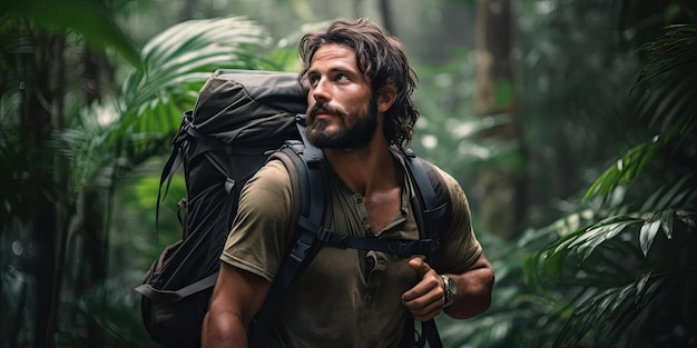 hombre en la jungla caminando con mochila al estilo de invitar a la reflexión