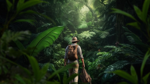 Un hombre en una jungla con una mochila camina por la jungla.