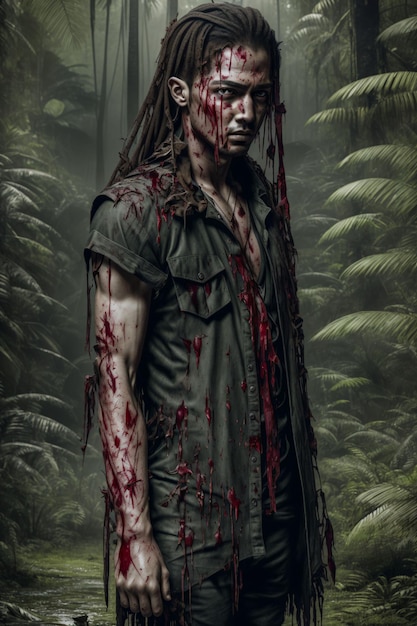 hombre en la jungla con sangre en su cuerpo