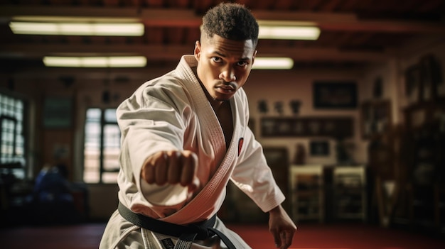 El hombre de karate hace una pose.