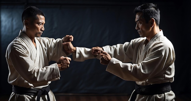 Hombre de karate practicando artes marciales en una sala de gimnasio oscura