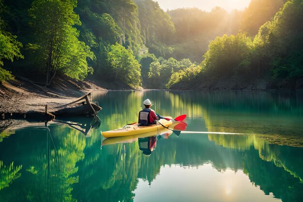 Un hombre en un kayak está remando en un lago.