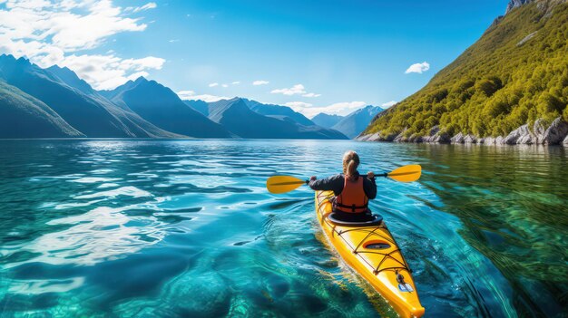 Un hombre en un kayak flota en un lago azul claro entre las montañas al fondo