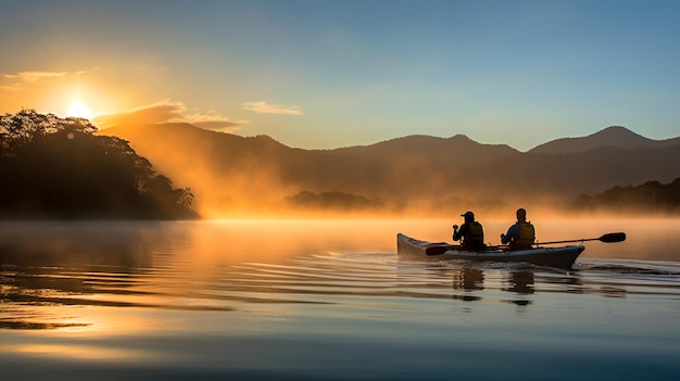 Hombre en kayak en el lago al atardecer hora de la pesca