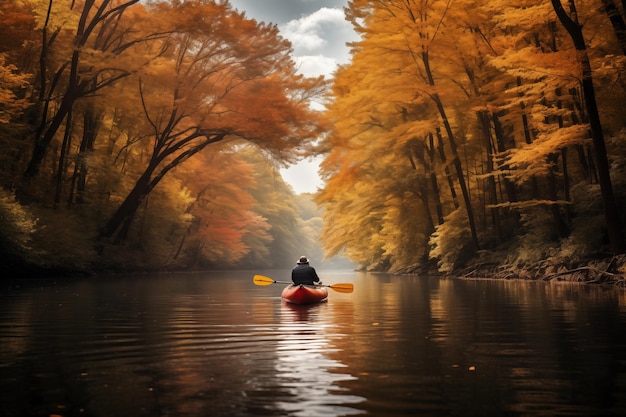 Hombre en kayak a lo largo de un río rodeado de árboles con follaje amarillo IA generativa