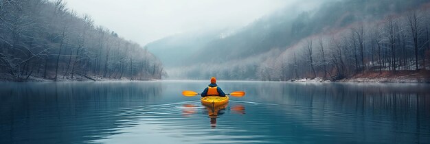 Foto un hombre en kayak está navegando en kayak amarillo en el río en un viaje de invierno con un paisaje con bosque