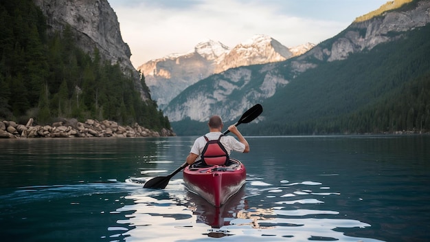 Foto hombre en kayak remando un kayak en canoa remando