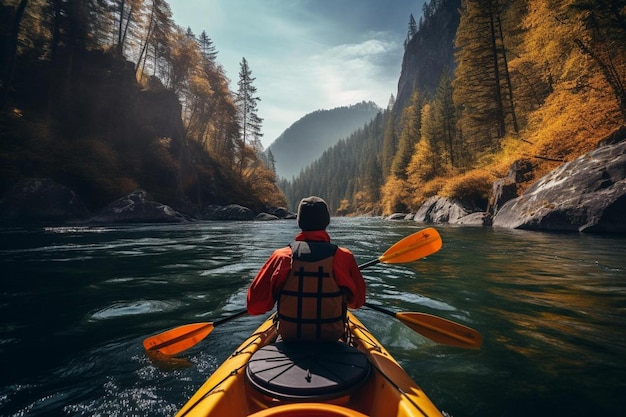 Un hombre en kayak en un río en otoño.