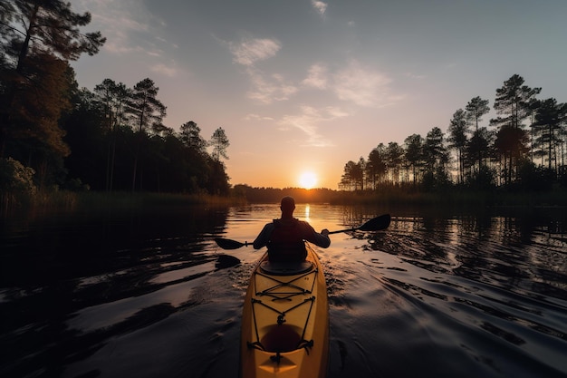 Un hombre en kayak en un río tranquilo rodeado de naturaleza y atardecer generativo ai