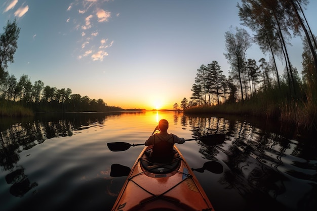 Foto un hombre en kayak en un río tranquilo rodeado de naturaleza y atardecer generativo ai