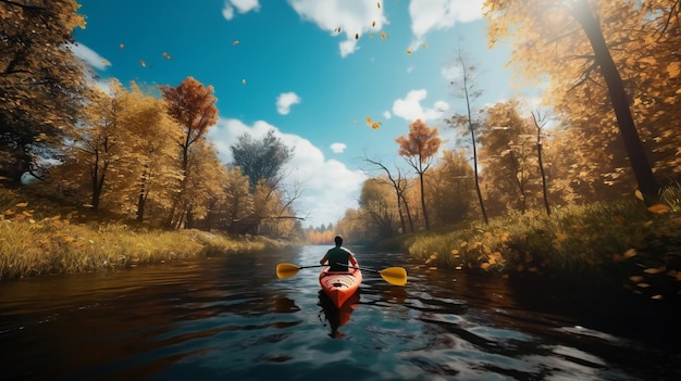 Un hombre en un kayak rojo rema por un bosque.