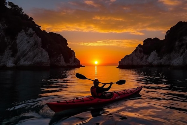 un hombre en un kayak rojo remando en el agua