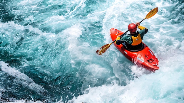 Foto hombre en kayak rojo remando a través de aguas bravas