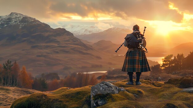 Foto hombre en kilt tocando la gaita en una colina con vistas a un lago en las tierras altas escocesas