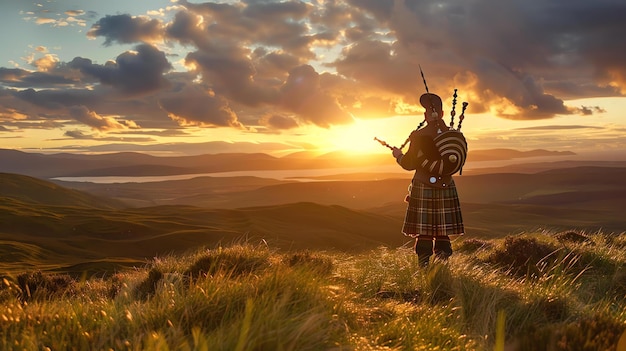 Foto hombre en kilt tocando la gaita en una colina con vistas a un lago en las tierras altas de escocia el sol se está poniendo y el cielo es un naranja dorado