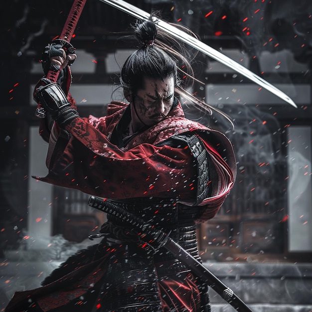 Foto un hombre con un kimono rojo sostiene una espada en la nieve