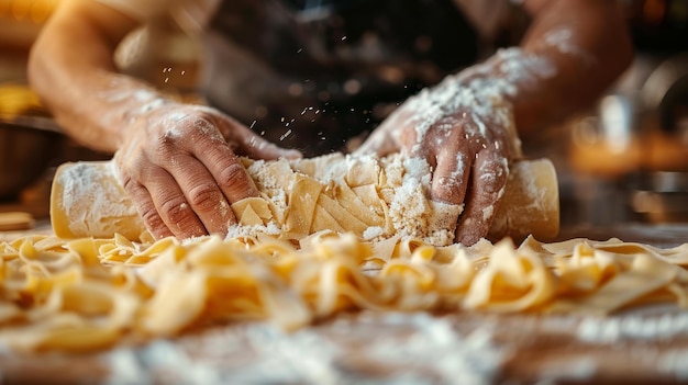 El hombre kneading la masa en la mesa