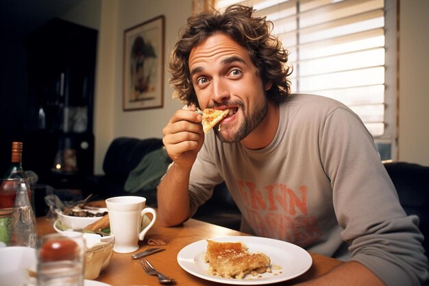 hombre lamiendo los dedos mientras come comida en casa