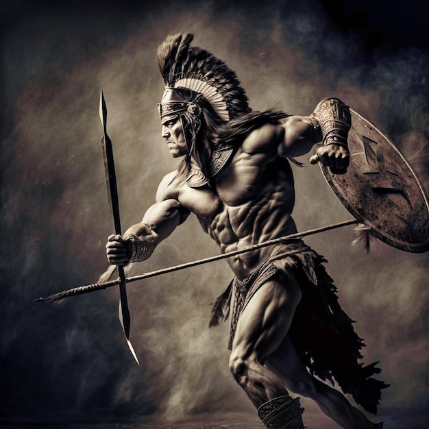 Un hombre con una lanza y un casco con la palabra espartano.