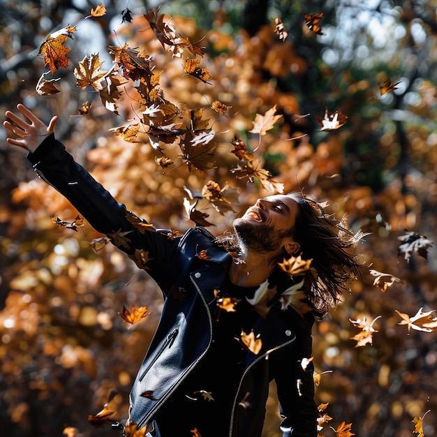 Foto un hombre está lanzando hojas de otoño en el aire