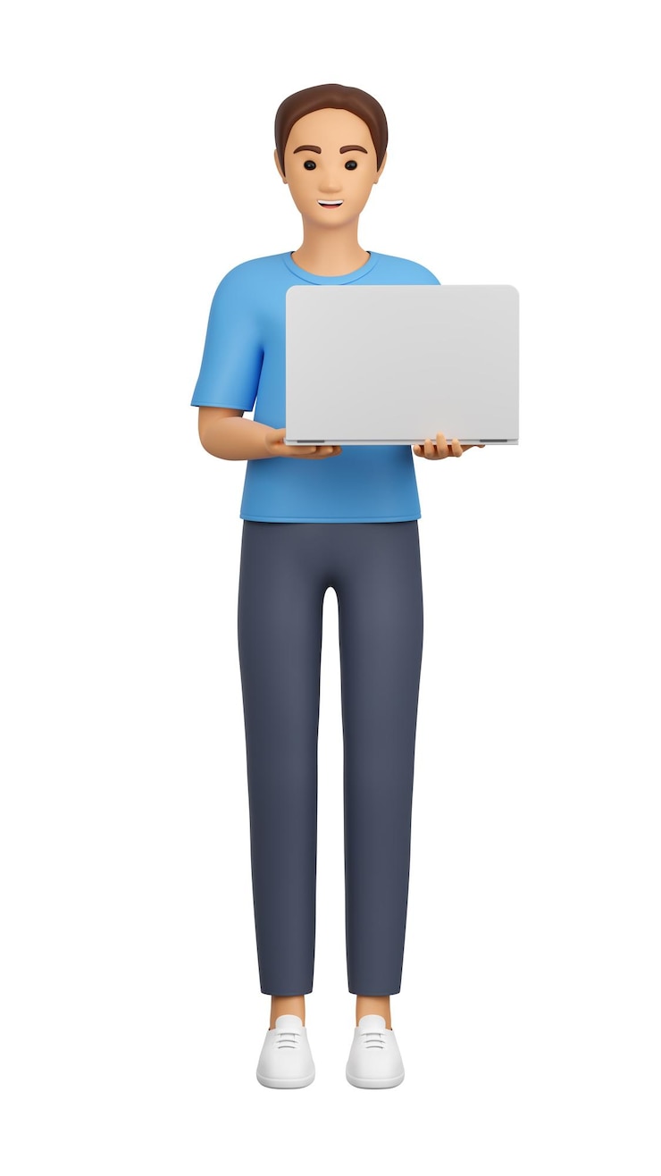 Foto un hombre con una laptop 3d ilustración de un personaje adulto joven sonriente